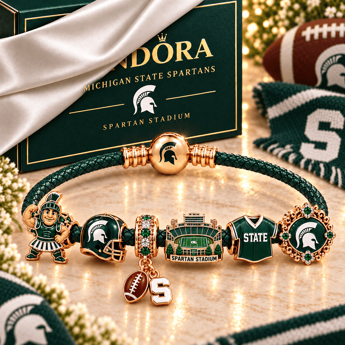 MSU Braided Leather Charm Bracelet Set NHVH